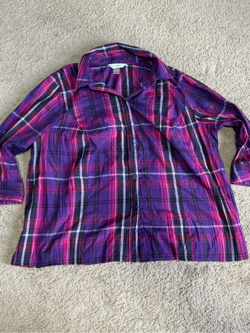 CJ Banks Purple and Pink Plaid Button-Down Shirt